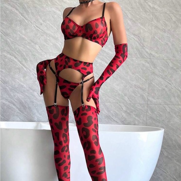 Sexy Red Leopard Animal Print Valentine’s Day 7 Piece Lingerie Set - Picture 5 of 13